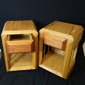 1) speaker stands, oak mahogany
