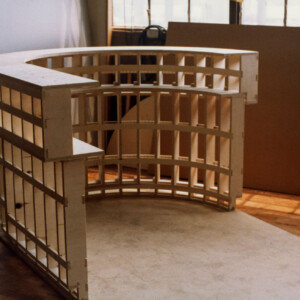 20) reception desk, plywood stations